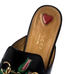 مملوكة مسبقًا Gucci Black Leather Princetown Flower Embroidered Flat Mules Size 36