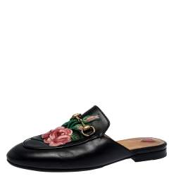 مملوكة مسبقًا Gucci Black Leather Princetown Flower Embroidered Flat Mules Size 36