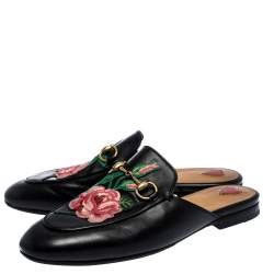 مملوكة مسبقًا Gucci Black Leather Princetown Flower Embroidered Flat Mules Size 36