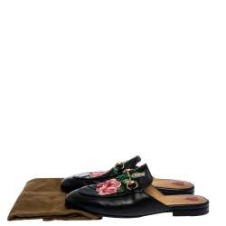 مملوكة مسبقًا Gucci Black Leather Princetown Flower Embroidered Flat Mules Size 36