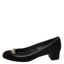 Pre Owned حذاء كعب عالي غوتشي كعب عريض هورسبيت حافة جلد وسوي دي أسود مقاس 36 