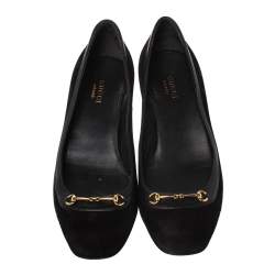 Pre Owned حذاء كعب عالي غوتشي كعب عريض هورسبيت حافة جلد وسويدي أسود مقاس 36 