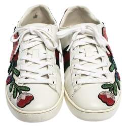 Gucci White Floral Embroidered Leather Ace Low Top Sneakers Size 37