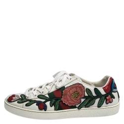 Gucci White Floral Embroidered Leather Ace Low Top Sneakers Size 37