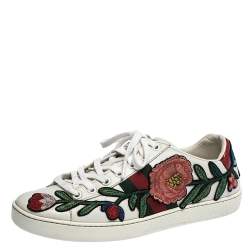 Gucci White Floral Embroidered Leather Ace Low Top Sneakers Size 37