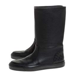 Pre Owned Gucci Black Microguccissima Leather Mid Calf Rain Boots Size 38
