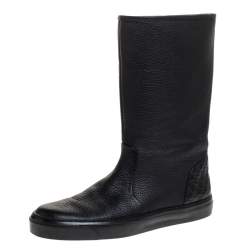 Pre Owned Gucci Black Microguccissima Leather Mid Calf Rain Boots Size 38