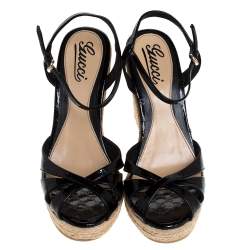 Gucci Black Guccissima Patent Leather Strappy Espadrille Wedge Platform Sandals Size 38