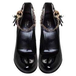 مملوكة مسبقًا حذاء كعب عالي غوتشي شراشيب سير كاحل جلد لامع أسود مقاس 39