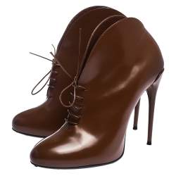 Pre Owned Gucci Brown Leather Kim Lace Up Ankle Booties Size 38