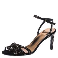 مملوكة مسبقًا Gucci Black Suede Leather Fleur Studded Ankle Strap Sandals Size 37.5