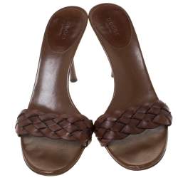 Pre Owned Gucci Brown Braided Leather Open Toe Slides Size 38