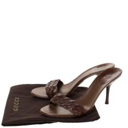 Pre Owned Gucci Brown Braided Leather Open Toe Slides Size 38