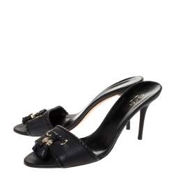 Pre Owned Gucci Black Leather Tassel Open Toe Sandals Size 38.5