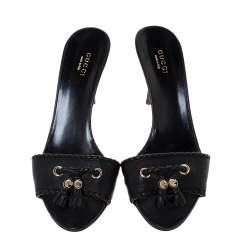 Pre Owned Gucci Black Leather Tassel Open Toe Sandals Size 38.5
