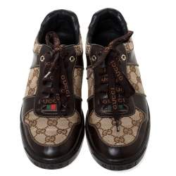 مملوكة مسبقًا حذاء رياضي غوتشي جلد وكانفاس حرفي الشعار جي جي بني/ بيج مقاس 38.5 