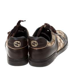 مملوكة مسبقًا حذاء رياضي غوتشي جلد وكانفاس حرفي الشعار جي جي بني/ بيج مقاس 38.5 