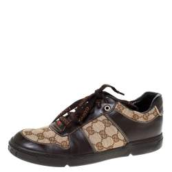 مملوكة مسبقًا حذاء رياضي غوتشي جلد وكانفاس حرفي الشعار جي جي بني/ بيج مقاس 38.5 