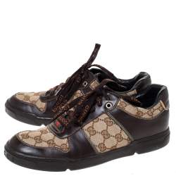 مملوكة مسبقًا حذاء رياضي غوتشي جلد وكانفاس حرفي الشعار جي جي بني/ بيج مقاس 38.5 