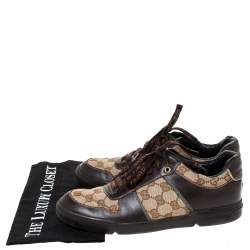 مملوكة مسبقًا حذاء رياضي غوتشي جلد وكانفاس حرفي الشعار جي جي بني/ بيج مقاس 38.5 