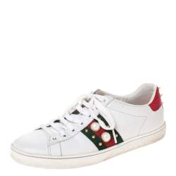 Gucci White Leather Ace Web Embellished Low Top Sneakers Size 37