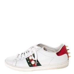 Gucci White Leather Ace Web Embellished Low Top Sneakers Size 37