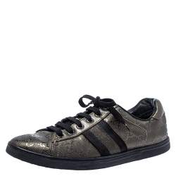 Gucci Metallic Olive Green/Black GG Imprime Canvas Web Low Top Sneakers Size 36