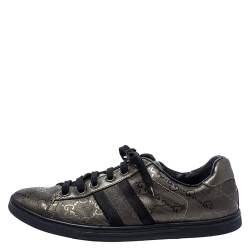 Gucci Metallic Olive Green/Black GG Imprime Canvas Web Low Top Sneakers Size 36