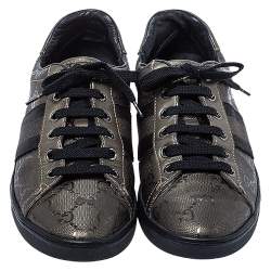 Gucci Metallic Olive Green/Black GG Imprime Canvas Web Low Top Sneakers Size 36