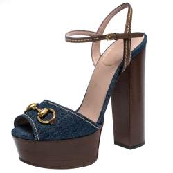 مملوكة مسبقًا صندل غوتشي نعل سميك هورسبيت كلاوديا جلد ودنيم بني/ أزرق مقاس 37.5