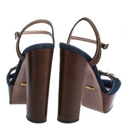 مملوكة مسبقًا صندل غوتشي نعل سميك هورسبيت كلاوديا جلد ودنيم بني/ أزرق مقاس 37.5