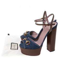 مملوكة مسبقًا صندل غوتشي نعل سميك هورسبيت كلاوديا جلد ودنيم بني/ أزرق مقاس 37.5