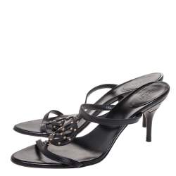 Pre Owned Gucci Black Leather Studded GG Interlocking Slide Sandals Size 38