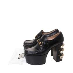 Pre Owned Gucci Black Leather Horsebit Pearl Embellished Platform Loafers Size 38
