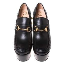 Pre Owned Gucci Black Leather Horsebit Pearl Embellished Platform Loafers Size 38