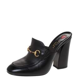 Pre Owned Gucci Black Leather Horsebit Julie Princetown Block Heel Mules Size 38