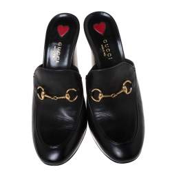 Pre Owned Gucci Black Leather Horsebit Julie Princetown Block Heel Mules Size 38