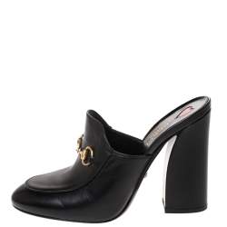 Pre Owned Gucci Black Leather Horsebit Julie Princetown Block Heel Mules Size 38