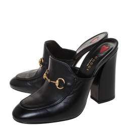 Pre Owned Gucci Black Leather Horsebit Julie Princetown Block Heel Mules Size 38