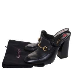 Pre Owned Gucci Black Leather Horsebit Julie Princetown Block Heel Mules Size 38