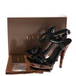 Pre Owned Gucci Black Patent Leather Orchid Twist Detail Tortoise Heel Platform Sandals Size 38