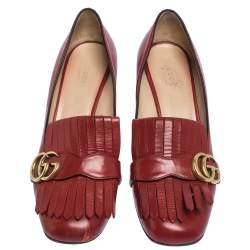 Pre Owned Gucci Red Leather Fringe Marmont GG Loafer Pumps Size 39