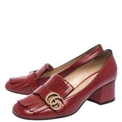 Pre Owned Gucci Red Leather Fringe Marmont GG Loafer Pumps Size 39