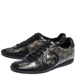 Pre Owned حذاء رياضي غوتشي منخفض من أعلى كانفاس غليتر مقوى حرفي ال شعار جي جي بيج/ أسود مقاس 37.5 