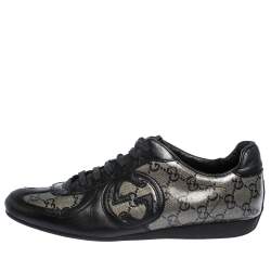 Pre Owned حذاء رياضي غوتشي منخفض من أعلى كانفاس غليتر مقوى حرفي الشعار جي جي بيج/ أسود مقاس 37.5 