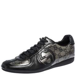 Pre Owned حذاء رياضي غوتشي منخفض من أعلى كانفاس غليتر مقوى حرفي الشعار جي جي بيج/ أسود مقاس 37.5 