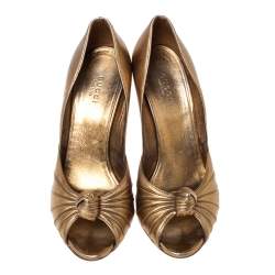 Pre Owned Gucci Metallic Gold Leather Knot Peep Toe Pumps Size 37.5