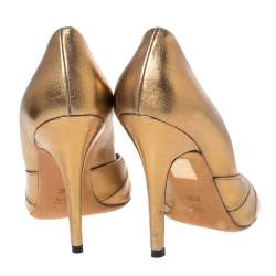 Pre Owned Gucci Metallic Gold Leather Knot Peep Toe Pumps Size 37.5