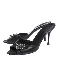 Pre Owned Gucci Black Leather Horsebit Mule Slide Sandals Size 41