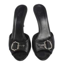 Pre Owned Gucci Black Leather Horsebit Mule Slide Sandals Size 41